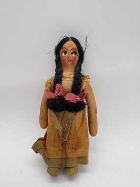 VTG Antique Cloth Rag Doll Hand-painted Braids 5 inches